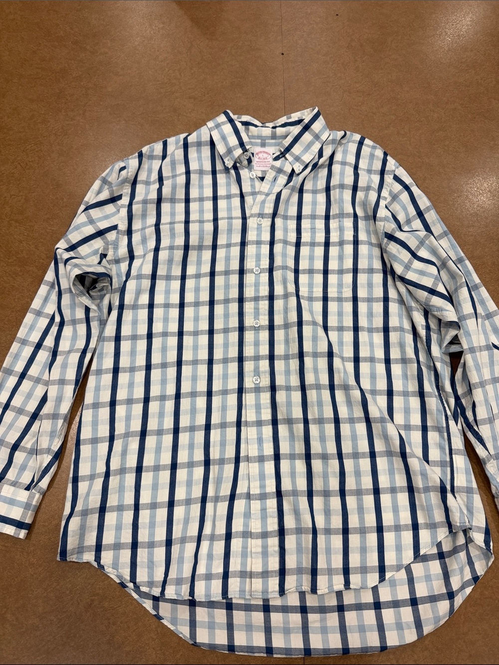 Brooks Brothers Madison Fit White and Blue Plaid Button-Down Shirt Size L